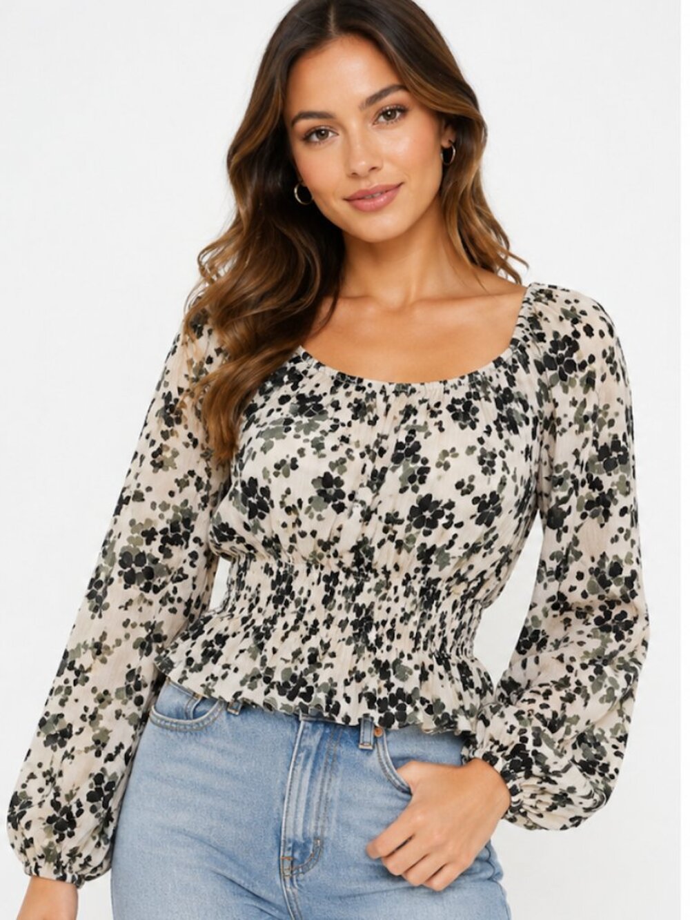 ASTR the Label Smocked Off-The-Shoulder Floral Crop Top Blouse – Size Small